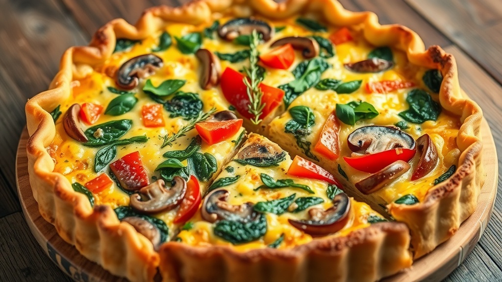 Savory Vegetable Quiche Recipe A savory vegetable quiche with a flaky crust filled with spinach, bell peppers, and mushrooms, garnished with herbs.